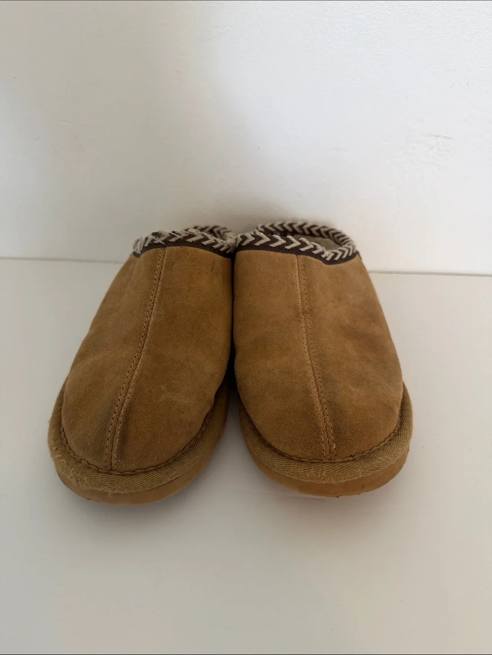 BearPaw Chestnut Suede Shearling-Lined Slip-Ons with Braided Trim